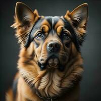 ai genererad porträtt av en skön tysk herde hund på en mörk bakgrund. generativ ai foto