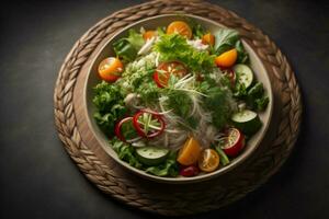 ai genererad färsk vegetabiliska sallad i en skål på en mörk bakgrund, topp se. ai genererad foto