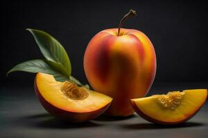 ai genererad persika frukt på en svart bakgrund. friska mat begrepp. kopia Plats. ai genererad foto