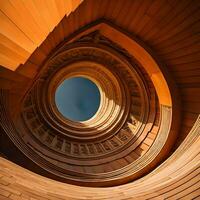 ai genererad trä- spiral trappa i de interiör av en modern kontor byggnad. generativ ai foto