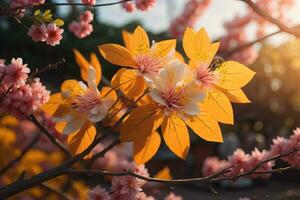 ai genererad körsbär blomma sakura blomma på blå himmel bakgrund, ai generativ foto