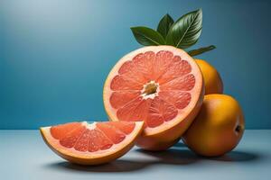 ai genererad grapefrukt och grapefrukt skivor på blå bakgrund. generativ ai foto