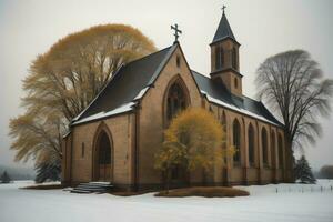 ai genererad kyrka av st. john de baptist på en dimmig vinter- dag. generativ ai foto