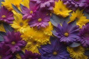 ai genererad en bukett av daisy i annorlunda nyanser av lila och gul. generativ ai foto