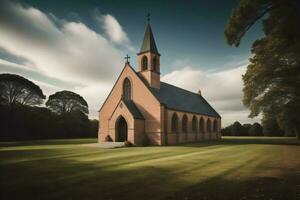 ai genererad kyrka i de mitten av en grön fält med träd i de bakgrund. generativ ai foto