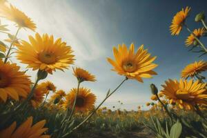 ai genererad skön gul daisy blommor på blå himmel bakgrund. selektiv fokus. generativ ai foto