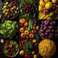 ai genererad collage av färsk frukt och grönsaker. friska mat begrepp. topp se. generativ ai foto