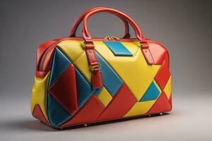 ai genererad läder kvinnors handväska på en fast Färg bakgrund. ai generativ foto