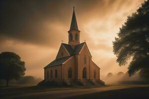 ai genererad kyrka i de dimmig morgon. konceptuell bild för tro, andlighet och religion. generativ ai foto