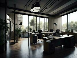 ai genererad interiör av modern kontor med trä- golv och svart väggar. generativ ai foto