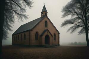 ai genererad en kyrka i en dimmig skog med träd. generativ ai foto