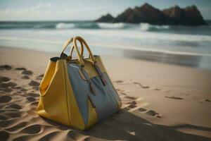 ai genererad gul strand väska på de sand med hav och himmel i de bakgrund. generativ ai foto