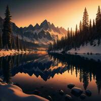 ai genererad skön vinter- landskap med sjö och snötäckt bergen på solnedgång. generativ ai foto