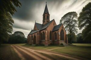 ai genererad kyrka i de parkera med molnig himmel. konceptuell bild av religion. generativ ai foto