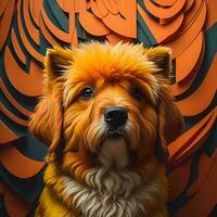 ai genererad söt hund med orange hår och ett orange mönster på de bakgrund. generativ ai foto