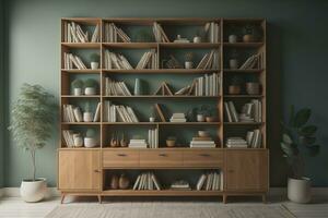 ai genererad trä- bokhylla med böcker och vaser. generativ ai foto