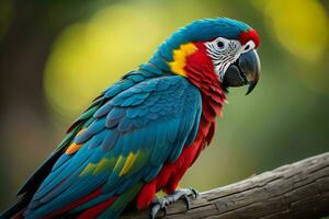 ai genererad färgrik ara papegoja Sammanträde på en gren i de skog. generativ ai foto
