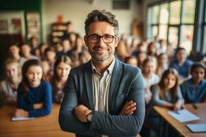 ai genererad självsäker lärare ledande en grupp av elever i de klassrum skapas med generativ ai teknologi foto