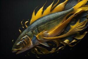 ai genererad gyllene fisk på en svart bakgrund. generativ ai foto