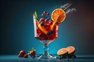 ai genererad glasögon av sangria med frukt och bär på fast Färg bakgrund. ai generativ foto