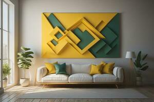 ai genererad interiör av modern levande rum med gul soffa och grön affisch på vägg. generativ ai foto
