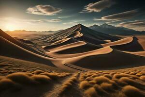 ai genererad öken- landskap med sand sanddyner på solnedgång. generativ ai foto