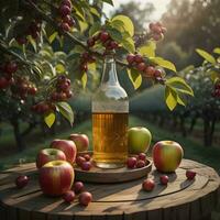 ai genererad äpple cider vinäger i en glas flaska på en trä- tabell i ett fruktträdgård. generativ ai foto