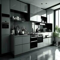 ai genererad svart och vit modern kök i en hus med en skön design. generativ ai foto