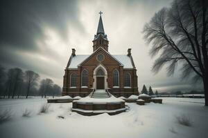 ai genererad kyrka i vinter. vinter- landskap. kyrka i vinter. kyrka i vinter. generativ ai foto