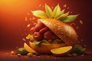 ai genererad frukt burger med flygande frukt och löv på en röd bakgrund. generativ ai foto