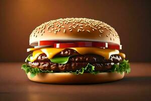 ai genererad en hamburgare är visad på en brun bakgrund foto