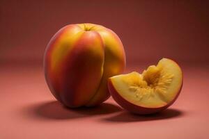 ai genererad persikor på en röd bakgrund, med en skiva av en persika. ai genererad foto
