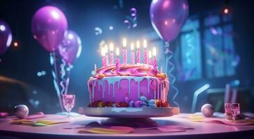 ai genererad människor med ljus blåser in i födelsedag kaka på fest foto