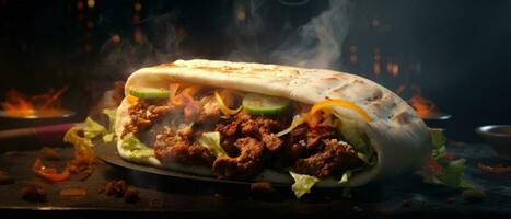 ai genererad varm kryddad vegetarian shawarma smörgås med rök foto
