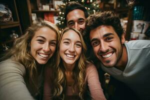 ai genererad fyra människor med jul gåvor tar en selfie i främre av jul träd foto