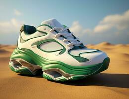 ai genererad vit och grön löpning skor med grön detaljer foto