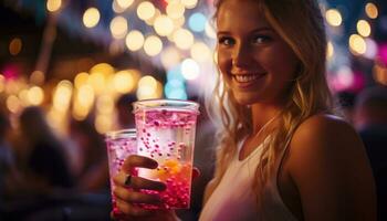 ai genererad blond kvinna händer med rosa cocktails innehav glasögon foto