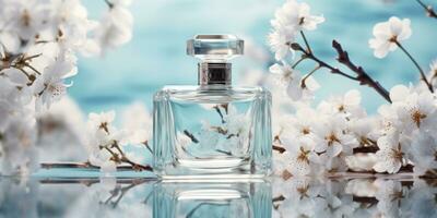 ai genererad parfym flaskor i de reflexion av körsbär blommar omgiven foto