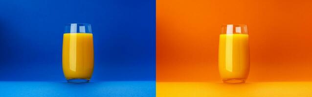 glas av orange juice isolerat på orange och blå bakgrunder med kopia Plats foto