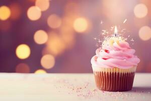 ai genererad födelsedag muffin med brinnande ljus på bokeh lampor bakgrund, en födelsedag muffin med ljus på en rosa bakgrund med bokeh, ai genererad foto