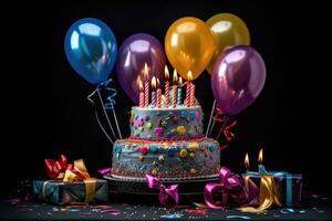 ai genererad födelsedag kaka med ljus, gåvor och ballonger på en svart bakgrund, födelsedag kaka Utsmyckad med ljus, gåvor, och färgrik ballonger på en svart bakgrund, ai genererad foto