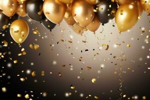 ai genererad guld och svart ballonger med konfetti och band. 3d illustration, firande bakgrund med konfetti och guld ballonger, ai genererad foto