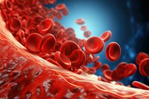 ai genererad blod celler i röd blod cell. 3d illustration. medicinsk begrepp, blod koagulera eller tromb kan hindra de strömma av röd blod, ai genererad foto