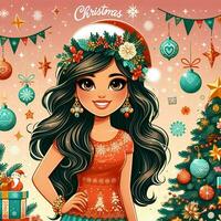 flicka leende i jul affisch stil med en fest, träd, och bollar i de bakgrund foto