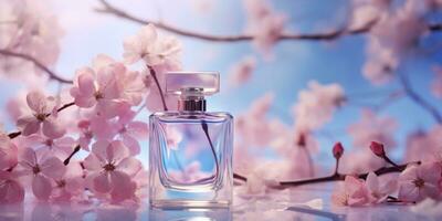 ai genererad bild av parfym flaska med blomma kronblad foto