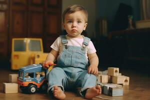 ai genererad en litet barn i overall sitter på block och en leksak bil foto