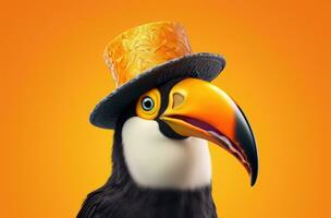 ai genererad en toucan är bär en fest hatt i ett orange bakgrund foto