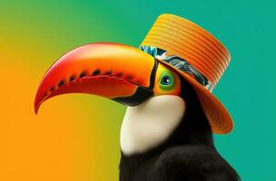 ai genererad en toucan är bär en fest hatt i ett orange bakgrund foto