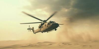 ai genererad en helikopter flugor över en sand militär foto