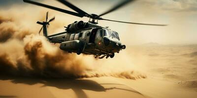 ai genererad en militär helikopter flygande över de sand foto
